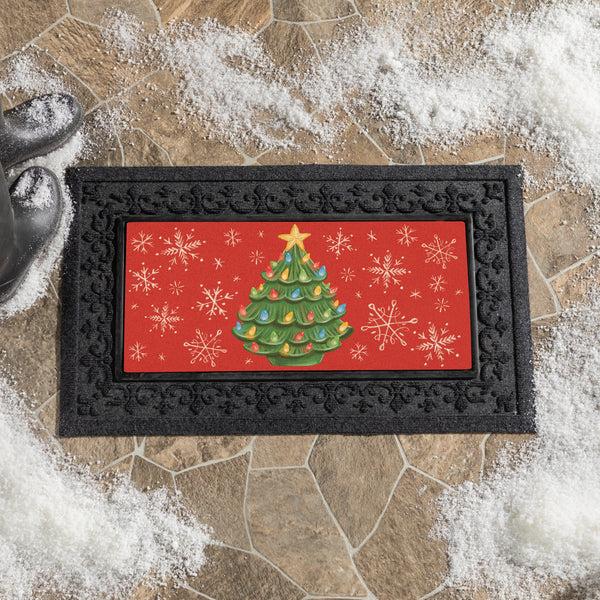 plow & hearth Twas The Night Nostalgia Christmas Tree Flocked Coir Sassafras Switch Mat 22"x10"