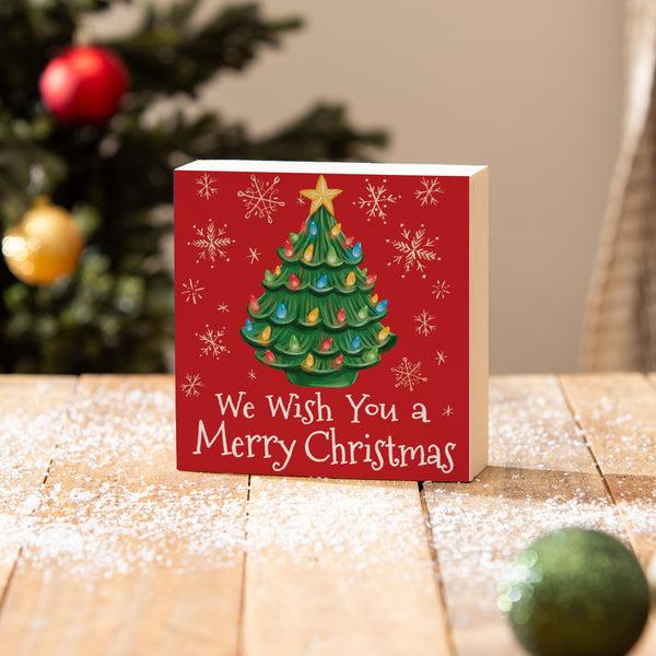 Plow & Hearth Twas The Night Nostalgia Christmas Tree Sign Wood Block "We Wish You A Merry Christmas" 6"x6"