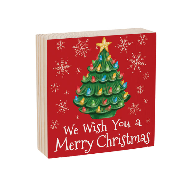 Plow & Hearth Twas The Night Nostalgia Christmas Tree Sign Wood Block "We Wish You A Merry Christmas" 6"x6"