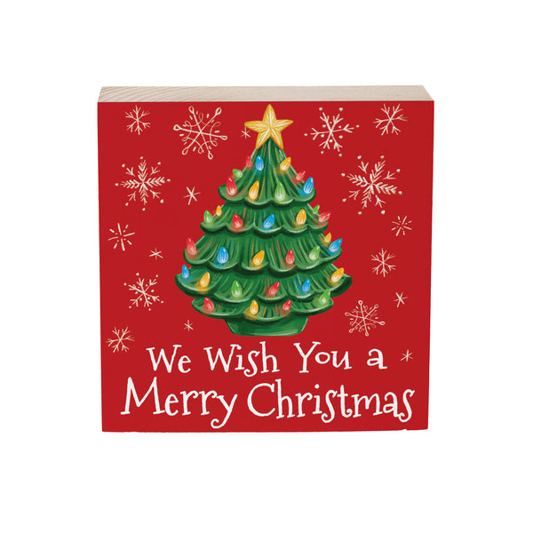 Plow & Hearth Twas The Night Nostalgia Christmas Tree Sign Wood Block "We Wish You A Merry Christmas" 6"x6"