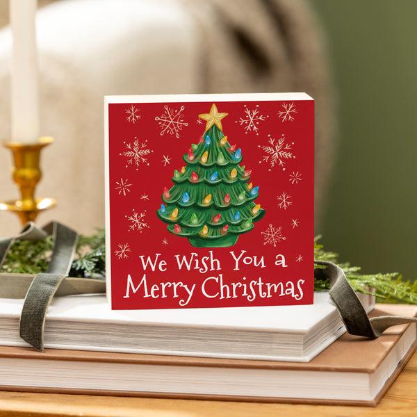plow & hearth Twas The Night Nostalgia Christmas Tree Sign Wood Block "We Wish You A Merry Christmas" 6"x6"