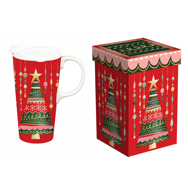 Plow & Hearth Twas The Night Travel Cup Ceramic Perfect Cup Christmas Tree 17oz Gift Box