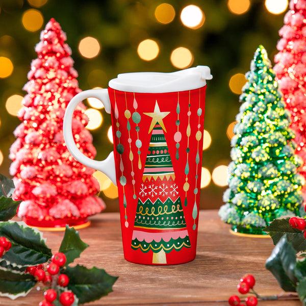 plow & hearth Twas The Night Travel Cup Ceramic Perfect Cup Christmas Tree 17oz Gift Box