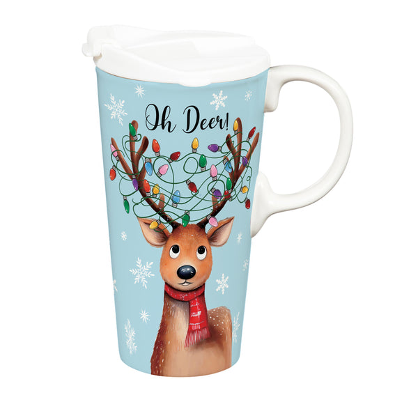 Plow & Hearth Twas The Night Travel Cup Ceramic Perfect Cup Reindeer 17oz Gift Box