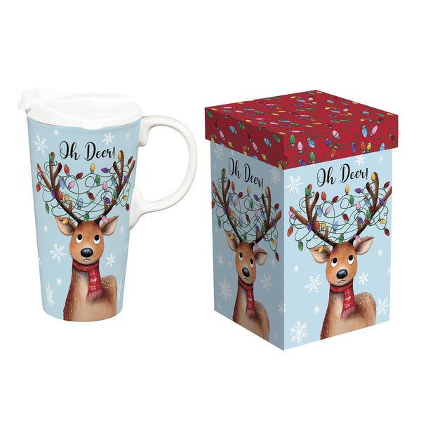 plow & hearth Twas The Night Travel Cup Ceramic Perfect Cup Reindeer 17oz Gift Box