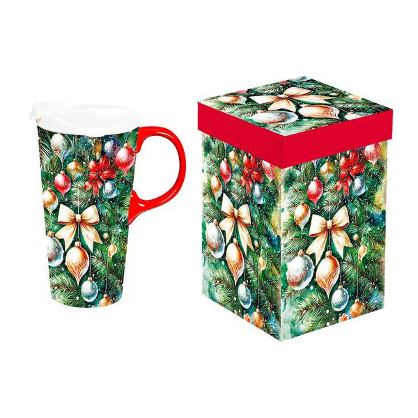 Plow & Hearth Twas The Night Travel Cup Ceramic Perfect Cup Tree With Ornaments 17oz Gift Box