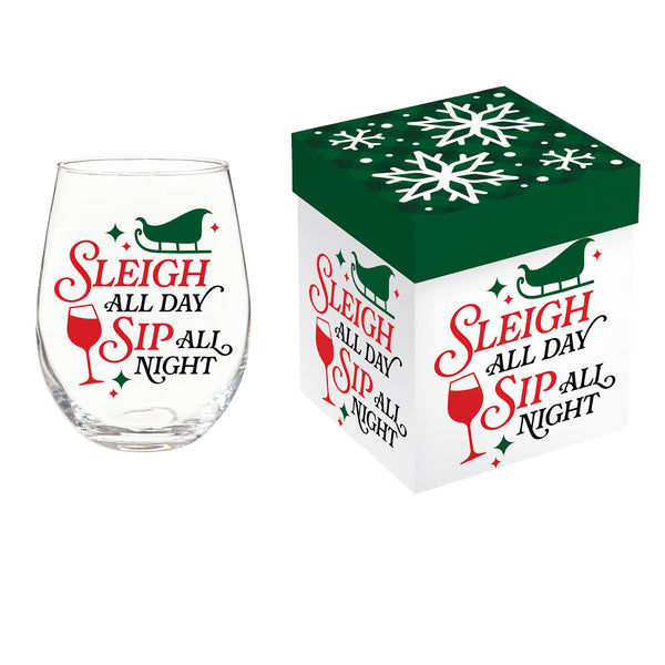 Plow & Hearth Twas The Night Wine Glass Stemless Glass Sleigh All Day 17oz Gift Box
