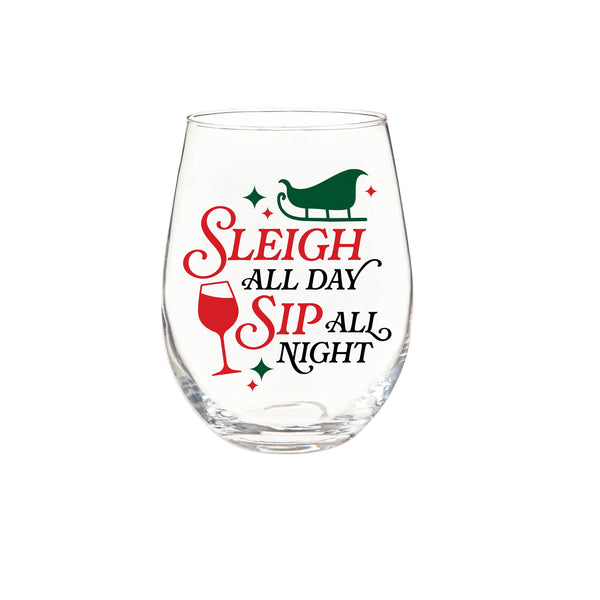 Plow & Hearth Twas The Night Wine Glass Stemless Glass Sleigh All Day 17oz Gift Box