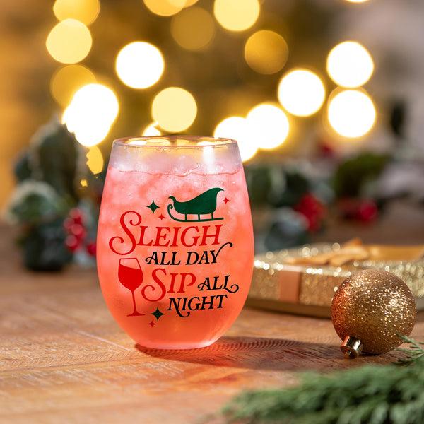plow & hearth Twas The Night Wine Glass Stemless Glass Sleigh All Day 17oz Gift Box