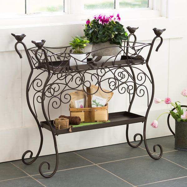plow & hearth Two-Tiered Cast Iron Plant Stand with Birds