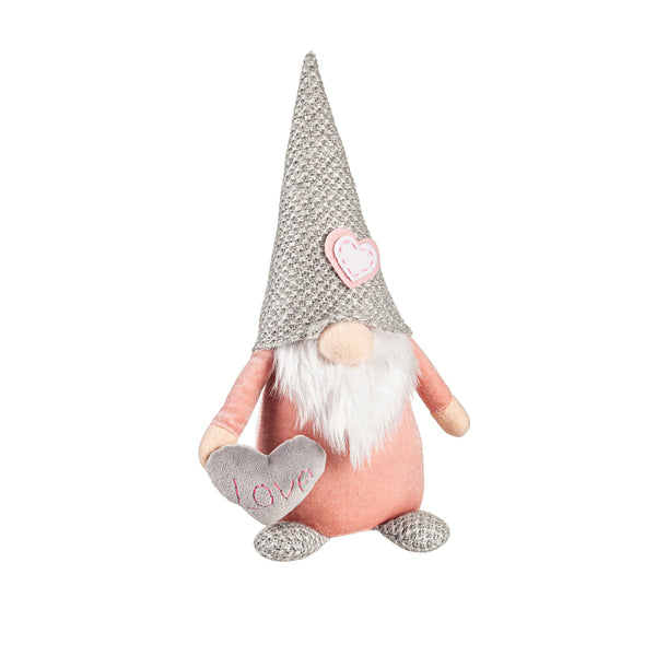 plow & hearth Valentine's Day Table Decor Fabric Pink and Grey Gnome with Heart 13"