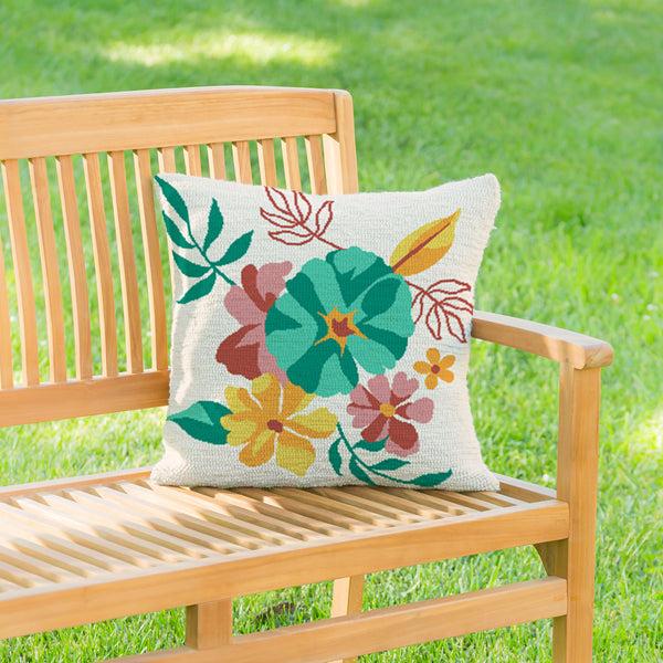 plow & hearth Vibrant Flowers Indoor/Outdoor Hooked Pillow 18"x18"