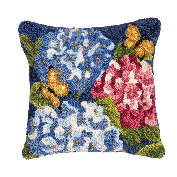 Plow & Hearth Vibrant Hydrangeas Indoor/Outdoor Hooked Pillow 18"x18"