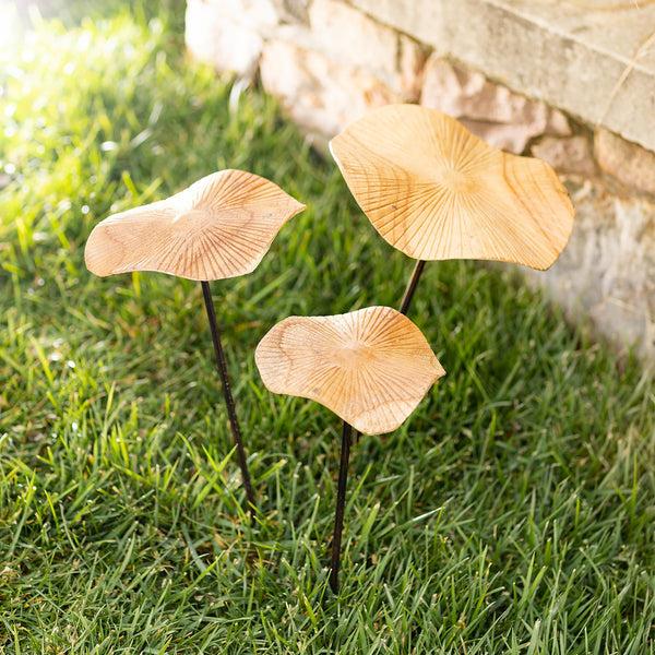 plow & hearth VivaStyle Garden Stake Hand-Carved Wood Mushroom Garden Stake Set of 3