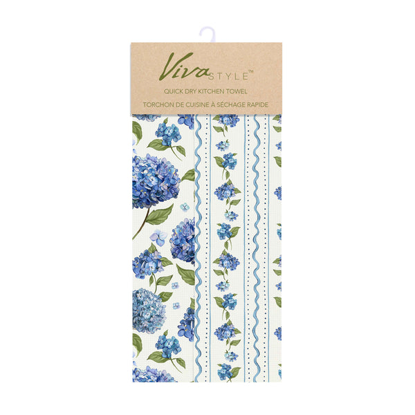Plow & Hearth VivaStyle Kitchen Towel Quick Dry Waffle Weave Double-Sided Hydrangea 30"L X 18"W