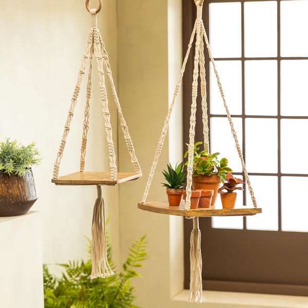 plow & hearth VivaStyle Plant Stand Macrame & Wood Hanging Plant Stand 32" H Set of 2