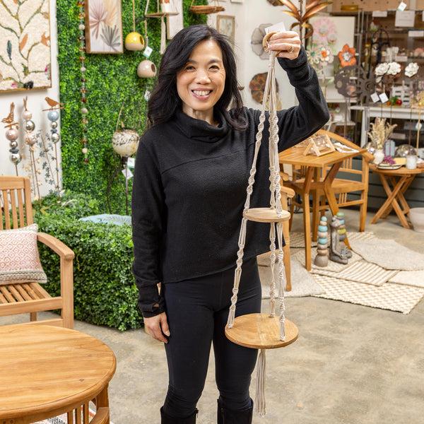 Plow & Hearth VivaStyle Plant Stand Wood Hanging Plant Stand With Macrame 32" H