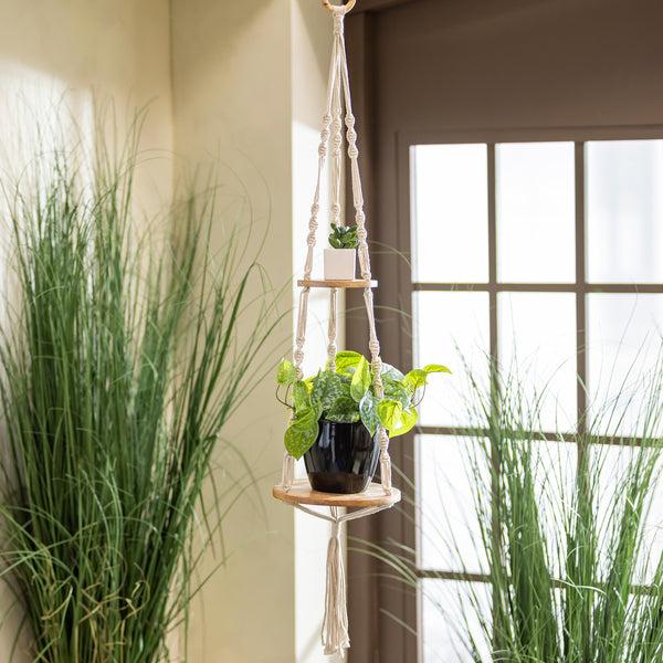 plow & hearth VivaStyle Plant Stand Wood Hanging Plant Stand with Macrame 32" H