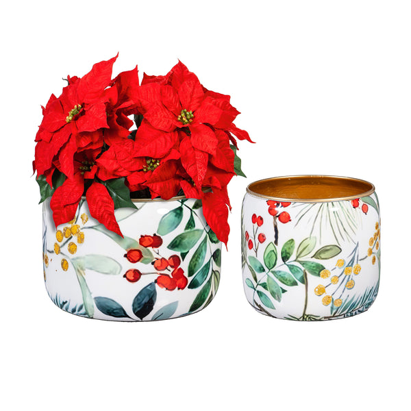 Plow & Hearth VivaStyle Planter Metal Printed Planters Festive Foliage 8"H Set Of 2