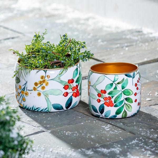plow & hearth VivaStyle Planter Metal Printed Planters Festive Foliage 8"H Set of 2