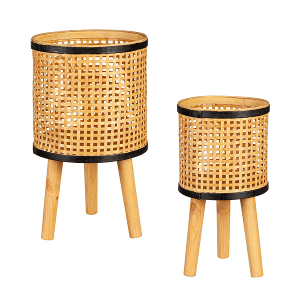 plow & hearth VivaStyle Planters Wood Woven Bamboo and Plywood Planter with Legs Set of 2