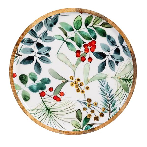 Plow & Hearth VivaStyle Platter Round Wood Platter Festive Foliage 14"L