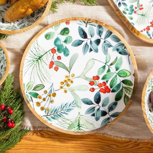 plow & hearth VivaStyle Platter Round Wood Platter Festive Foliage 14"L