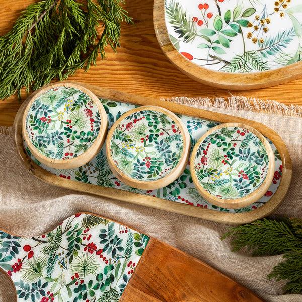 plow & hearth VivaStyle Playful Poinsettia 3-Section Wood Server with Bowls Festive Foliage 13"L