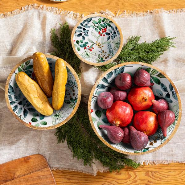 plow & hearth VivaStyle Playful Poinsettia Bowl Wood Bowl Set Festive Foliage Set of 3