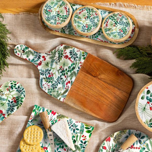 plow & hearth VivaStyle Playful Poinsettia Cutting Board Rectangular Wood Cutting Board Festive Foliage 16"L