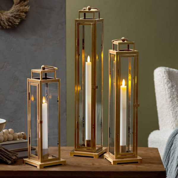 plow & hearth VivaStyle Playful Poinsettia Indoor Lamps & Lighting LED Lantern Gold Taper Candle Set of 3