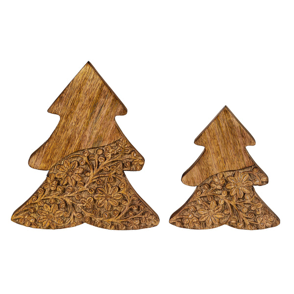 Plow & Hearth VivaStyle Playful Poinsettia Table Decor Wood Decor Carved Floral Tree Set Of 2