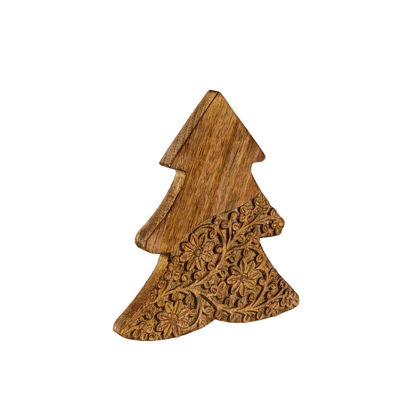 Plow & Hearth VivaStyle Playful Poinsettia Table Decor Wood Decor Carved Floral Tree Set Of 2
