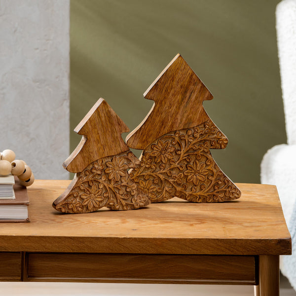 plow & hearth VivaStyle Playful Poinsettia Table Decor Wood Decor Carved Floral Tree Set of 2
