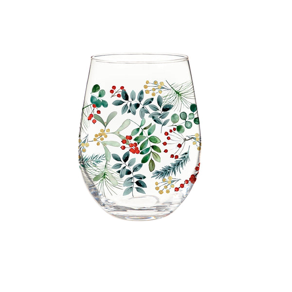 Plow & Hearth VivaStyle Playful Poinsettia Wine Glass Stemless Glass Festive Foliage 17oz Gift Box