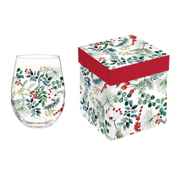 plow & hearth VivaStyle Playful Poinsettia Wine Glass Stemless Glass Festive Foliage 17oz Gift Box