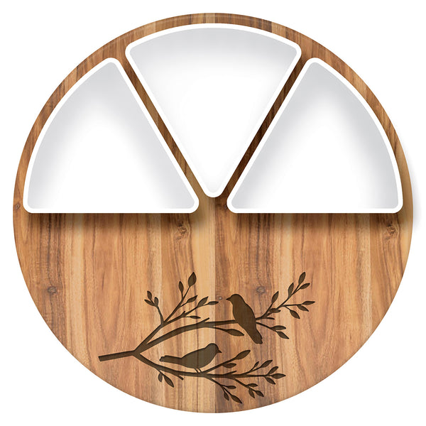 Plow & Hearth VivaStyle Serveware Wood & Ceramic 3-Dish Server 12" Set