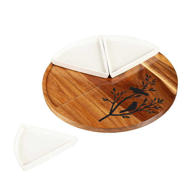 Plow & Hearth VivaStyle Serveware Wood & Ceramic 3-Dish Server 12" Set