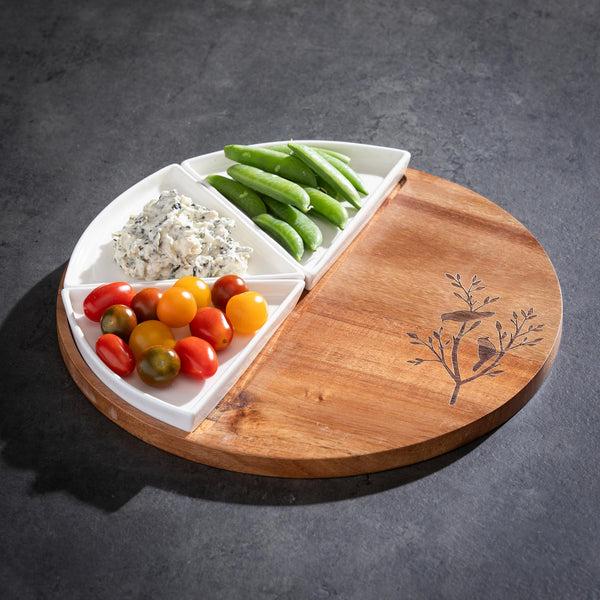 plow & hearth VivaStyle Serveware Wood & Ceramic 3-Dish Server 12" Set