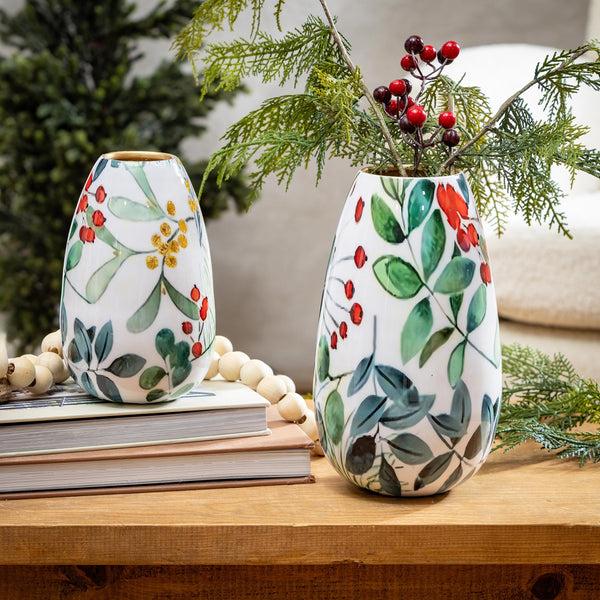 plow & hearth VivaStyle VivaStyle Playful Poinsettia Vase Metal Vase Festive Foliage Set of 2