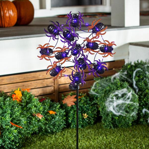 plow & hearth Web of Spiders Garden Stake with Solar Chasing Light Effect