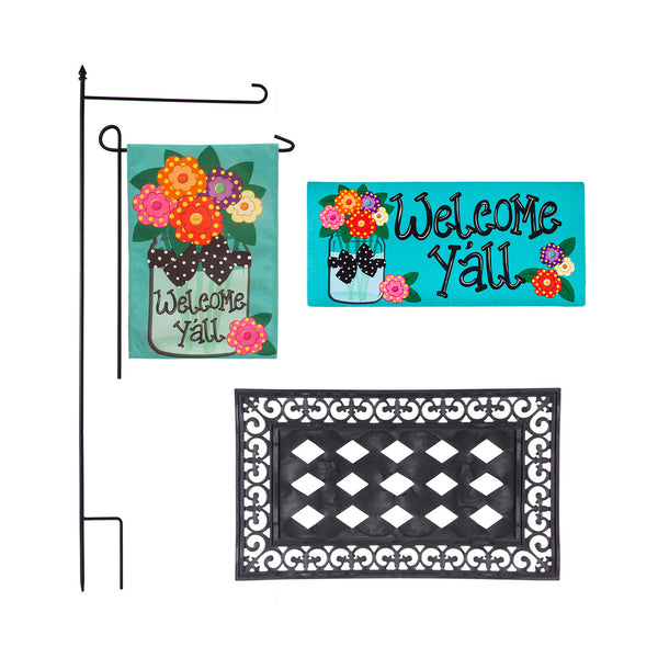 Plow & Hearth Welcome Y'all Burlap Garden Flag And Sassafras Mat Set