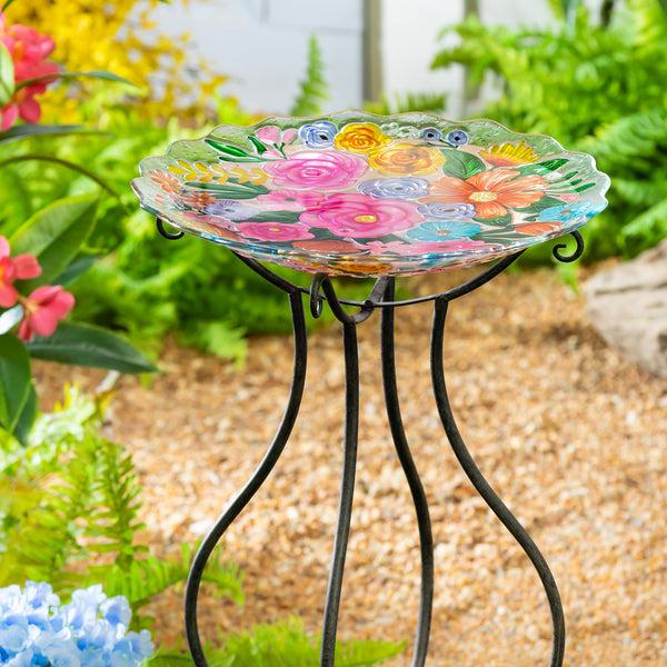 plow & hearth What She Shed Birdbath Glass Bundle of Flowers 18"