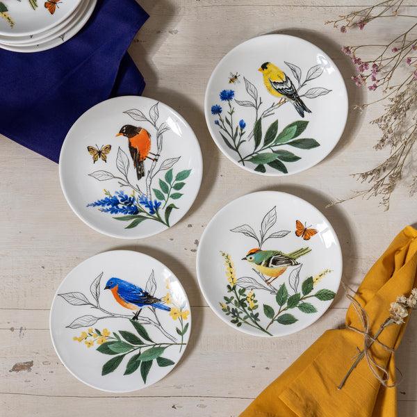 plow & hearth What She Shed Plates Ceramic Appetizer Plates Song Bird 6" Set of 4 Gift Box
