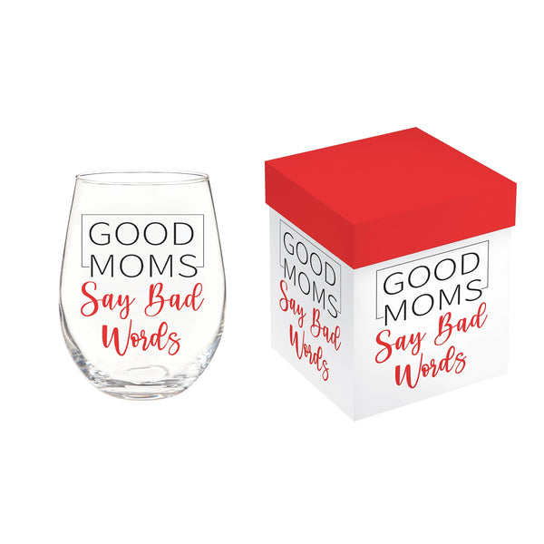 Plow & Hearth Wine Glass Stemless Glass Good Moms 17oz Gift Box