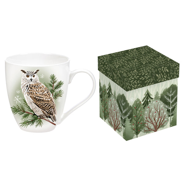 Plow & Hearth Winter Grove Coffee Cup Ceramic Cup O' Java Owl 17oz Gift Box