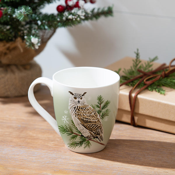 plow & hearth Winter Grove Coffee Cup Ceramic Cup O' Java Owl 17oz Gift Box