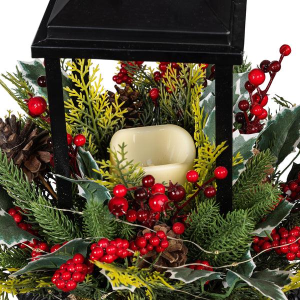 Plow & Hearth Winter Grove Faux Floral Artificial Lantern With Holly Berry 27"H