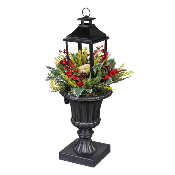 plow & hearth Winter Grove Faux Floral Artificial Lantern with Holly Berry 27"H