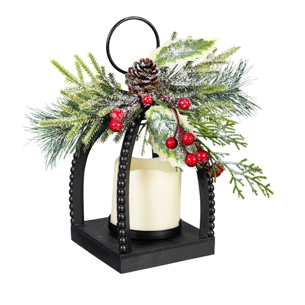 Plow & Hearth Winter Grove Faux Floral Table Decor Artificial With LED Lantern 10"H